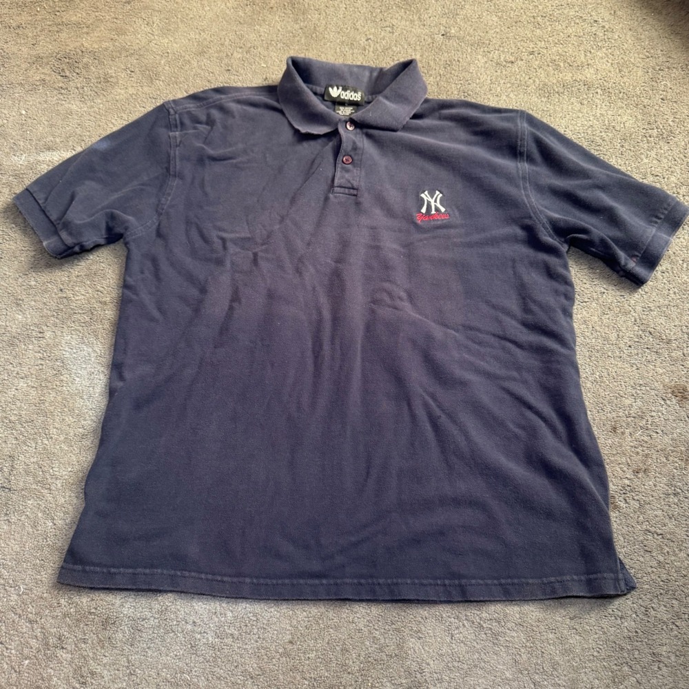 Vintage Adidas New York Yankees Polo Shirt Mens Large Navy Blue Cotton Pique